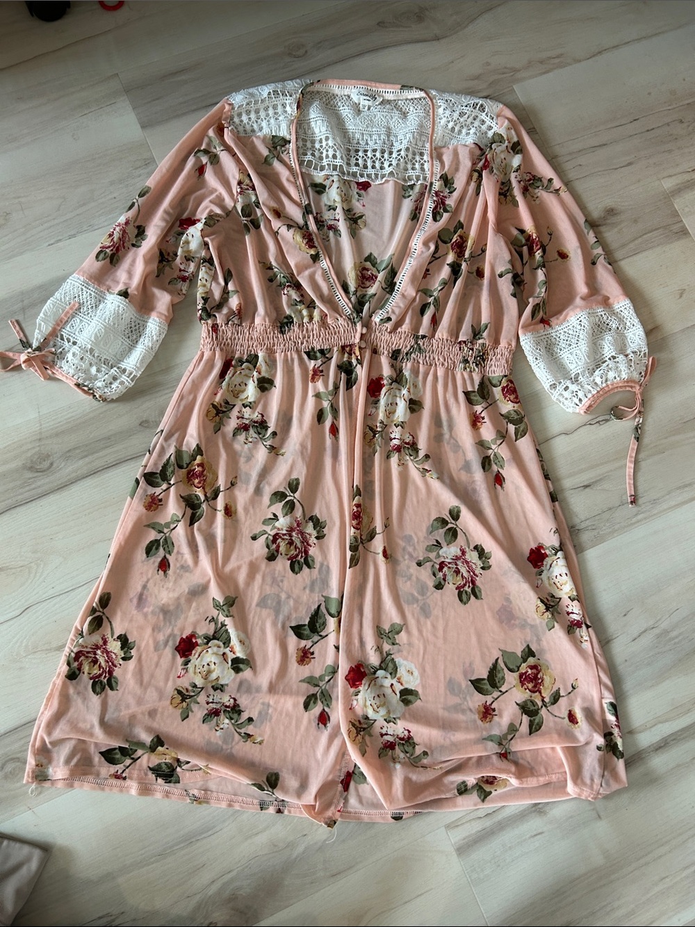 Siren Lily Blush Pink Floral Midi Dress kimono with Lace Trim